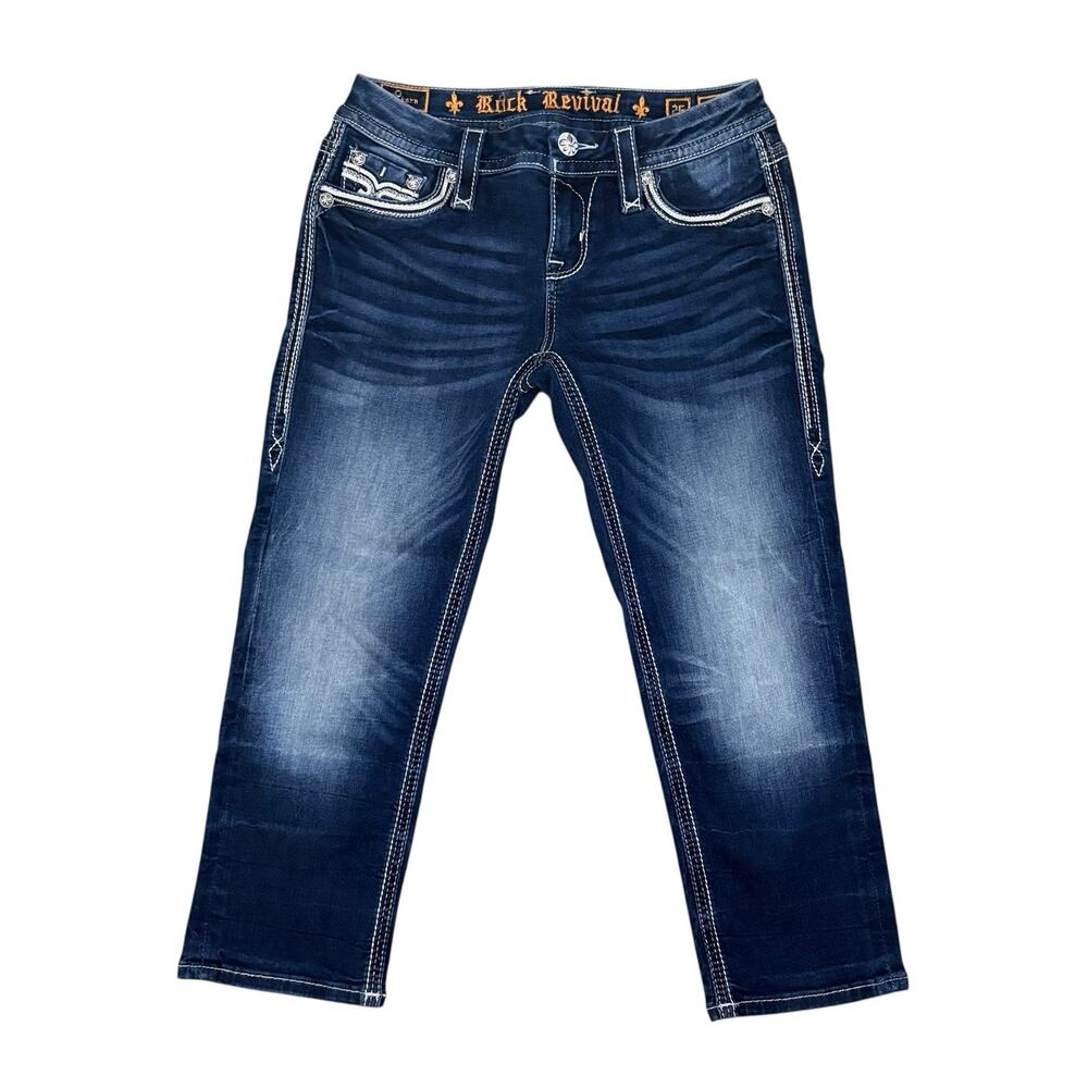 Rock Revival Easy Crop Sikara Jeans 26 Women’s Distressed Dark Wash Flare Denim